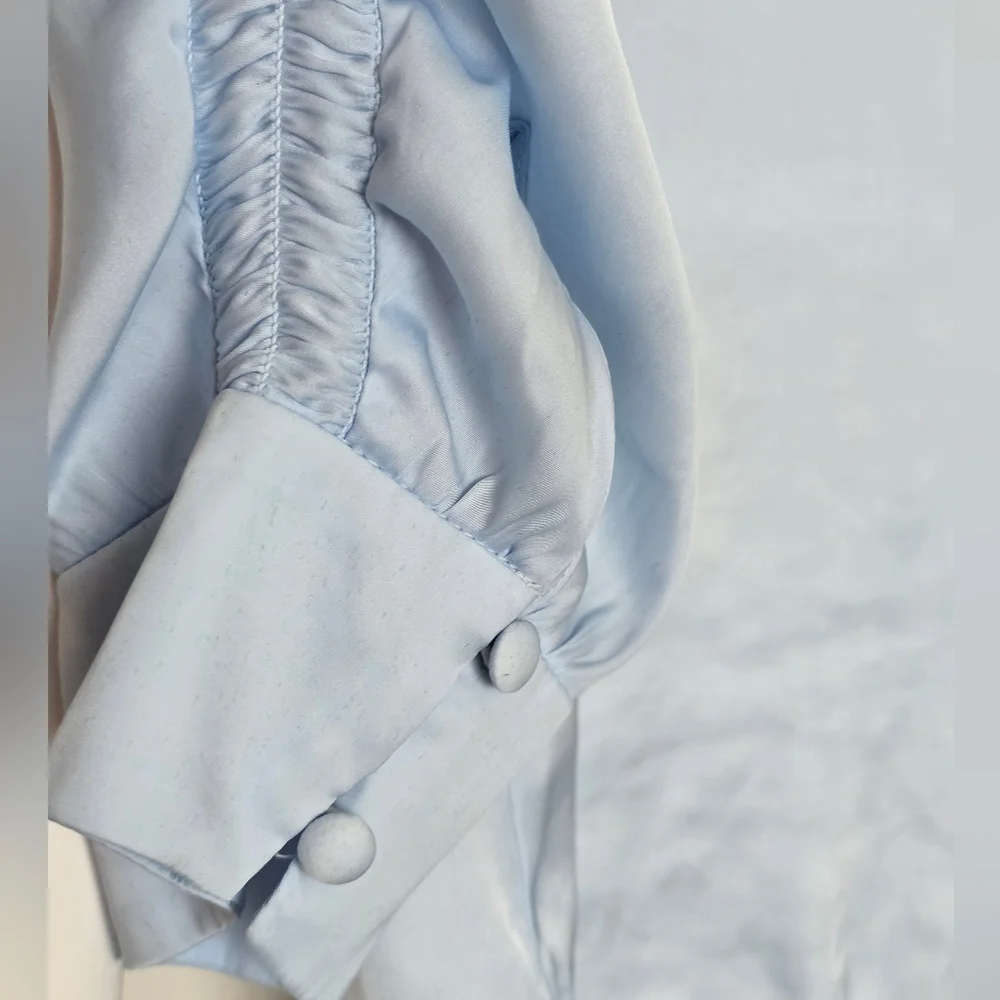 White House Black Market Light Blue Blouse With Rouched Sleeves - Picture 7 of 8